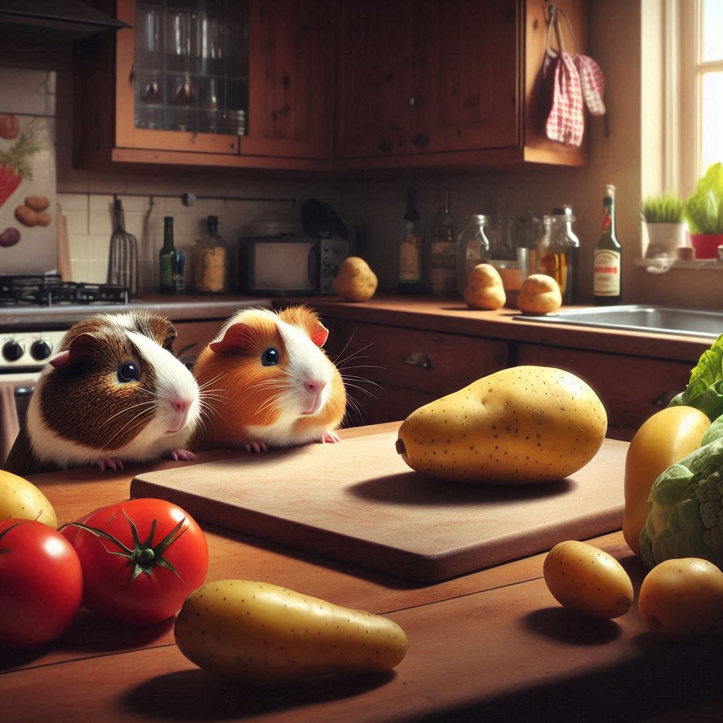 two guinea pigs looking at a potato in a kitchen