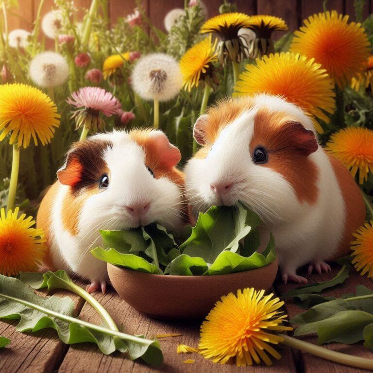 two guinea pigs eating some fresh dandelion greens in a garden