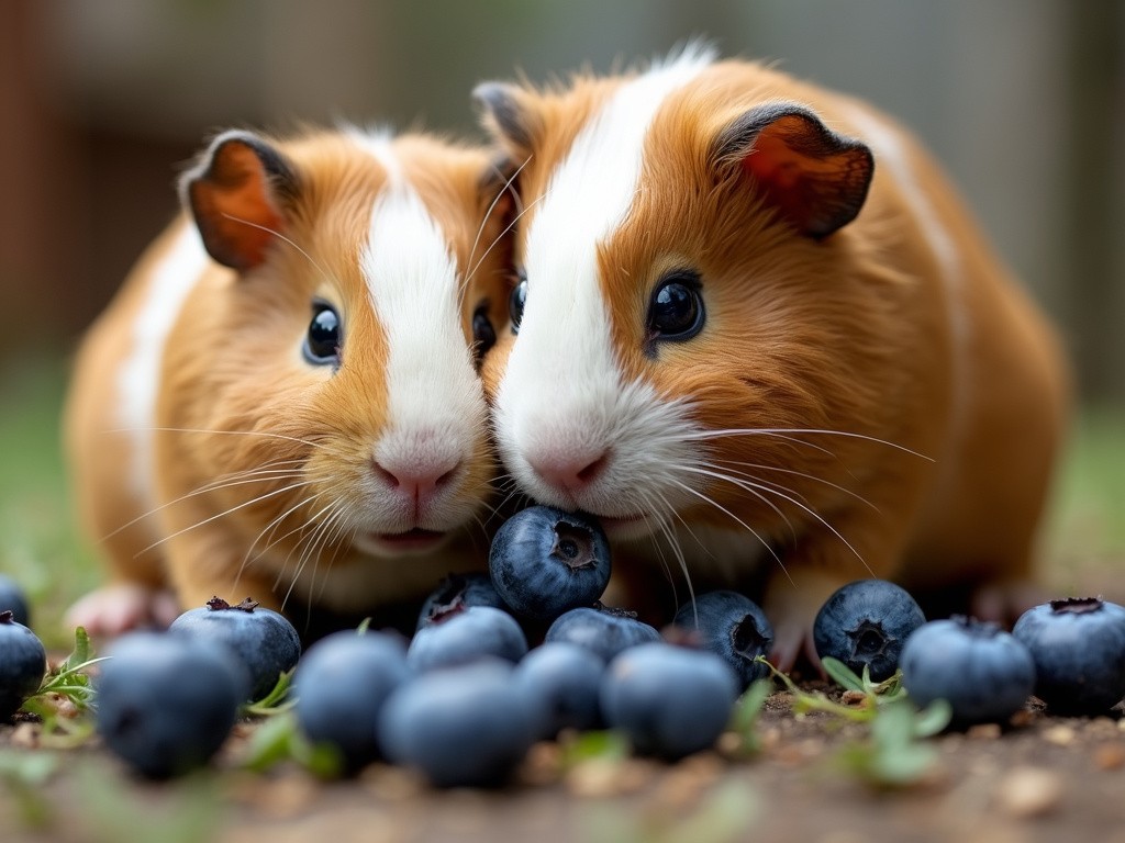 two guinea pigs nibbling on some fresh blueberries