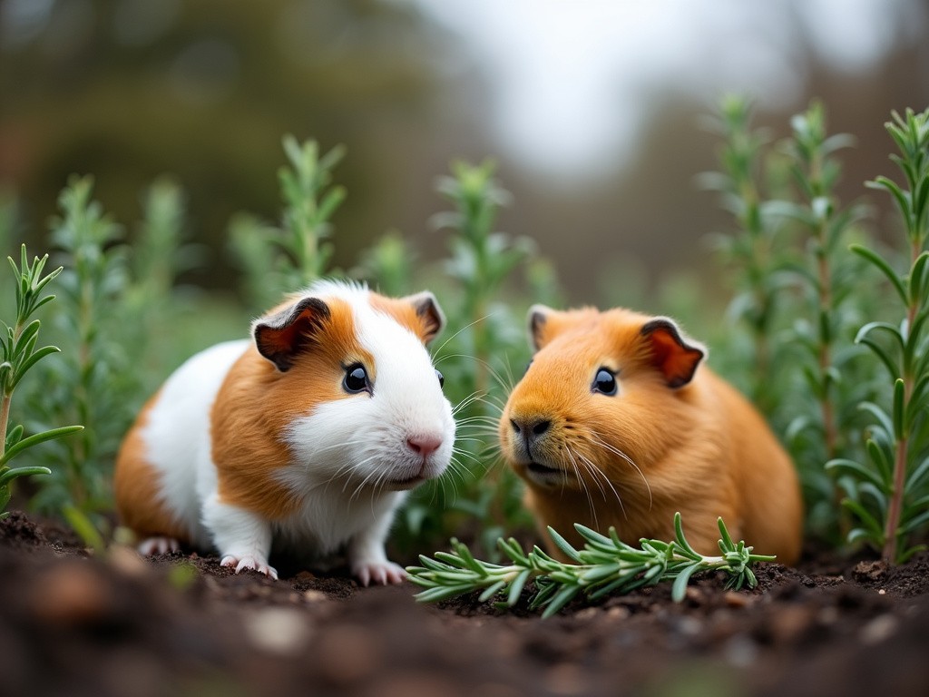 two guinea pigs eati,g some fresh rosemary in the garden