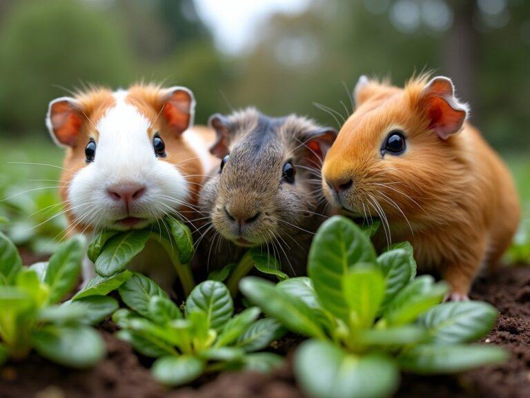 three guinea pigs eating some fresh endive from the garden