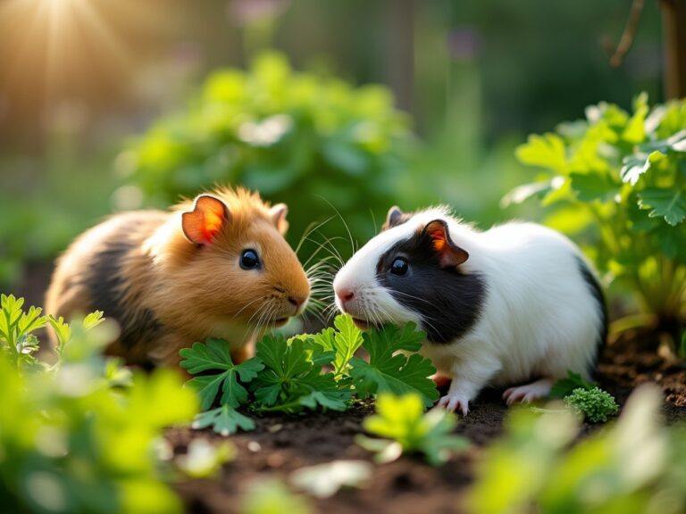 two guinea pigs nibbling on some fresh corianer leaves on a sunny day in the garden