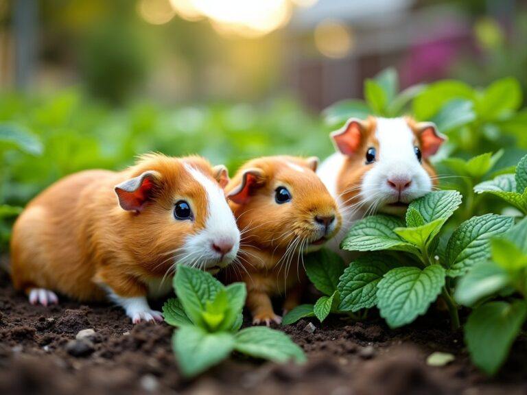 three guinea pigs eating some fresh mint leaves in a garden