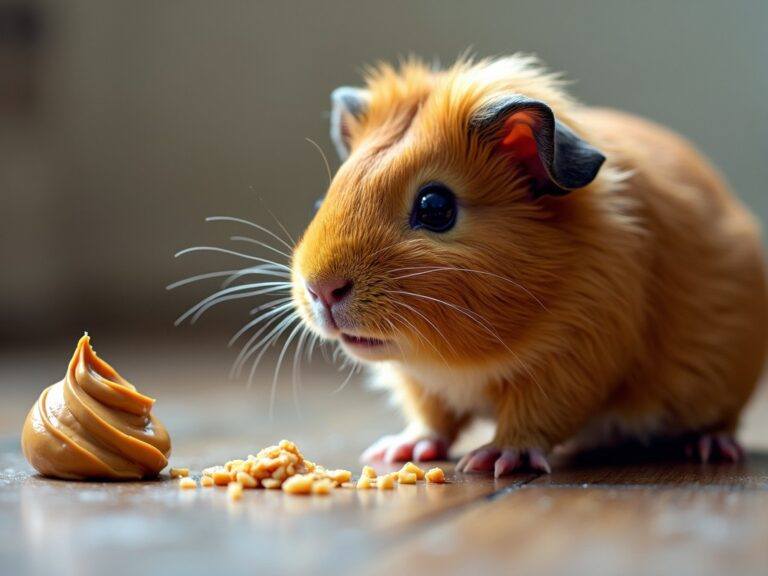 a guinea pig looking at a small amount of peanut butter