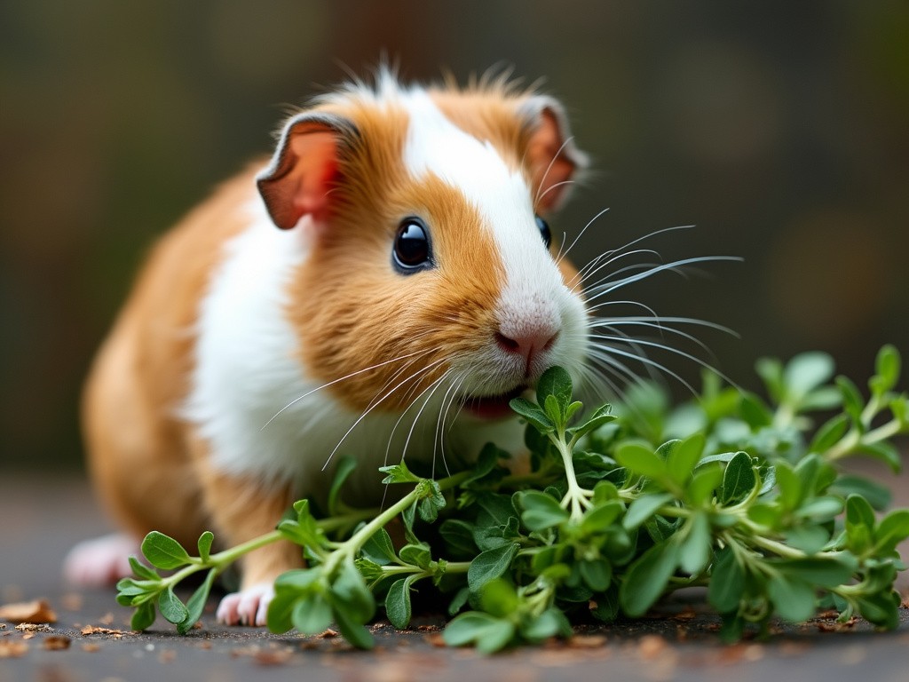 a guinea pig nibbling on some fresh oregano leaves