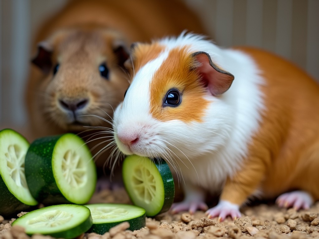 two guinea pigs munching on some fresh zucchini slices