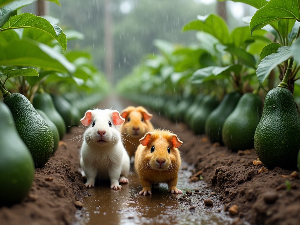 two guinea pigs walking past some fresh avocados growing outside