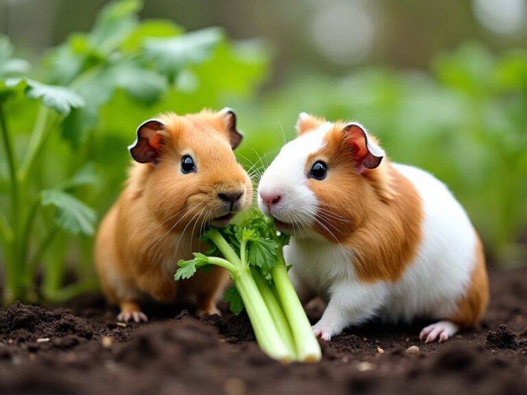 two guinea pigs munching on some fresh celery sticks outside in a garden