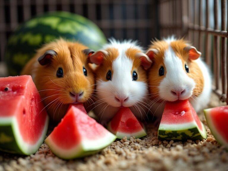 three guinea pigs nibbling on some fresh watermelon slices in their cage