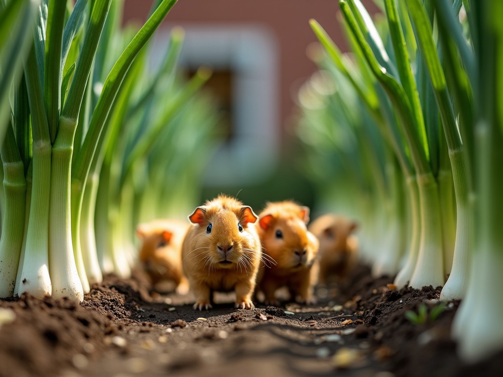 some guinea pigs walking past some leeks growing in a garden