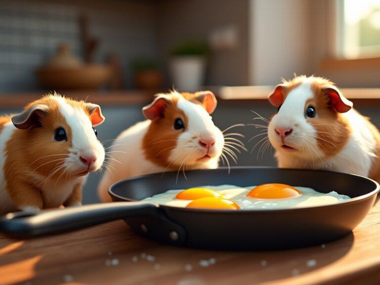 three guinea pigs looking at some fried eggs in a frying pan in a kitchen