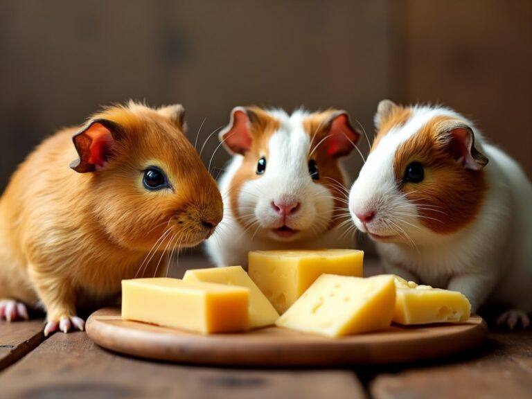 three guinea pigs looking at an assortment of cheese