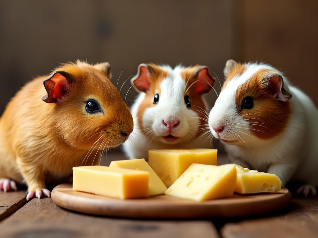 three guinea pigs looking at an assortment of cheese