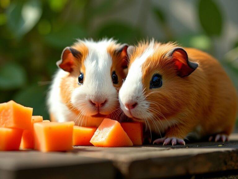 two guinea pigs nibbling on some fresh chunks of papaya in a garden on a sunny day