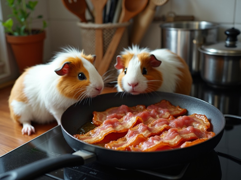 two guinea pigs looking at some bacon cooking in the kitchen