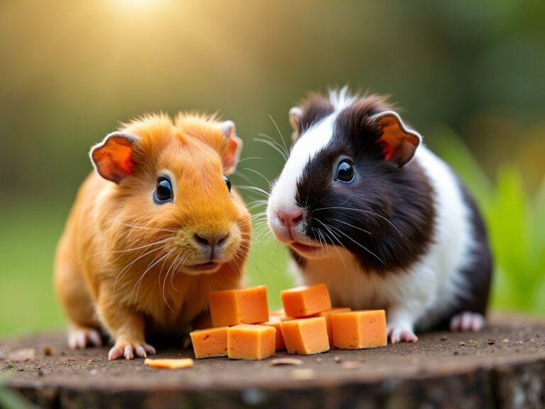 two guinea pigs nibbling on some fresh small cubes of sweet potato in the garden