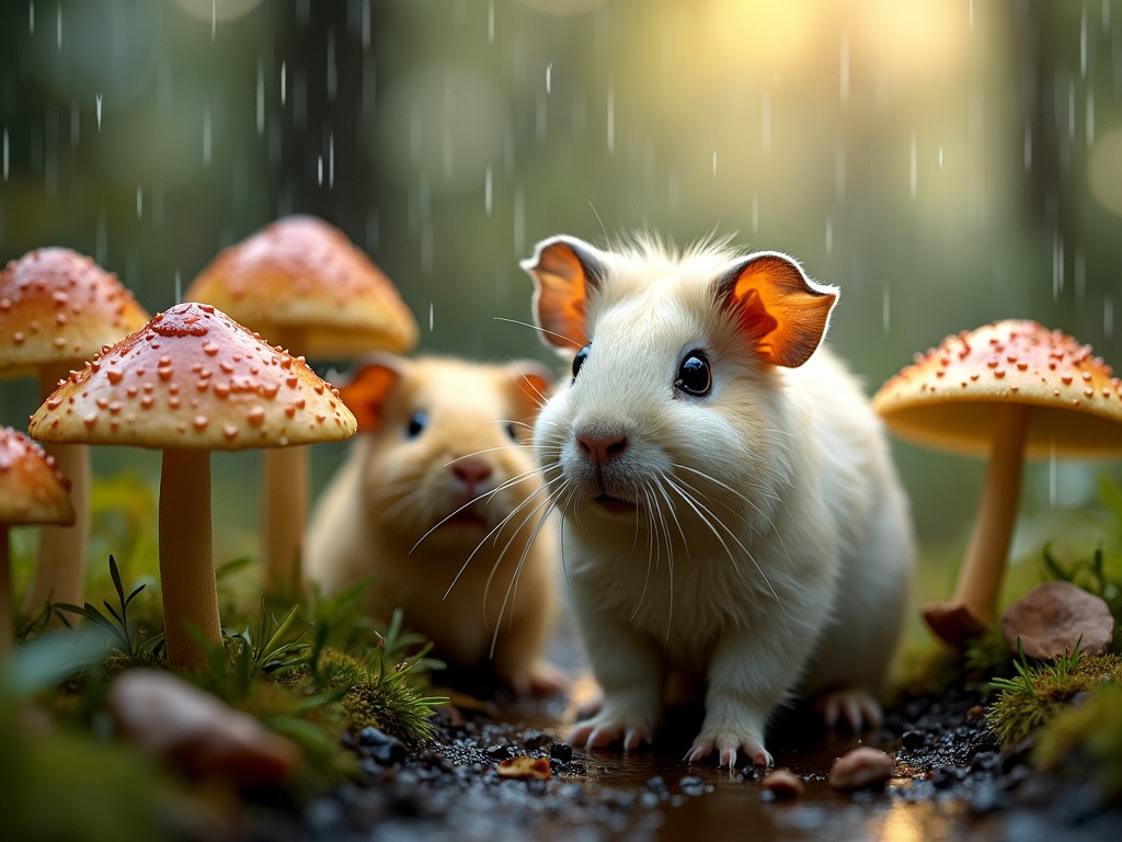 two guinea pigs walking past some fresh mushrooms