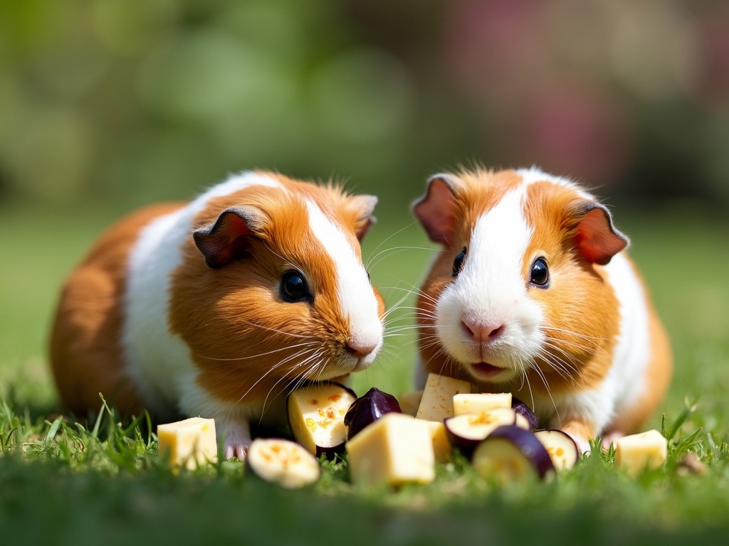 two guinea pigs munching on some fresh cubes of aubergine