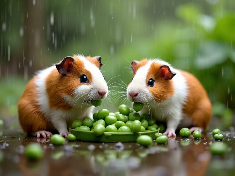 two guinea pigs eating some fresh peas in a garden on a rainy day