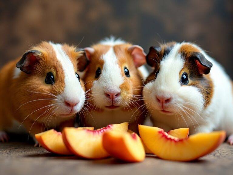 three guinea pigs eating some small fresh slices of peach