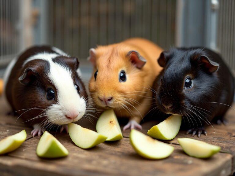 three guinea pigs nibbling on some fresh pear slices