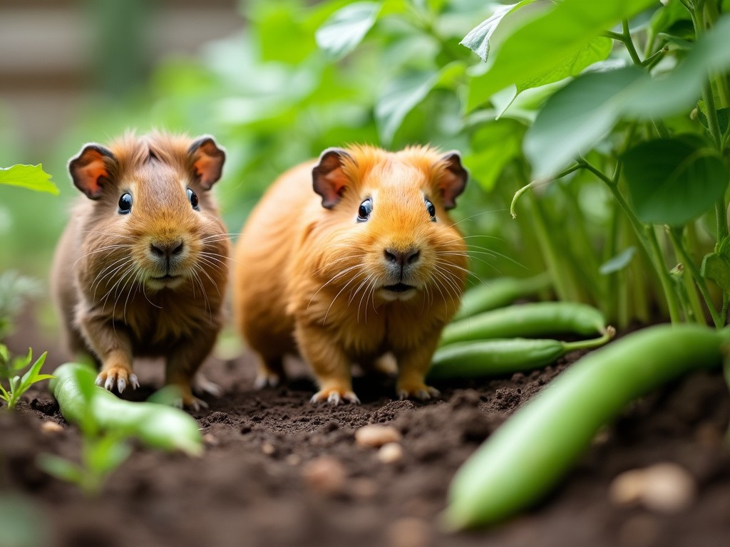 two guinea pigs waling through some fresh green beans growing in a garden