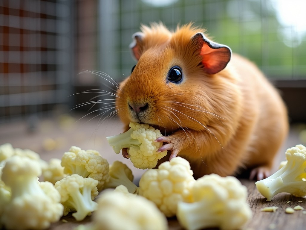 a guinea pig eating some very small cauliflower florets in its cage