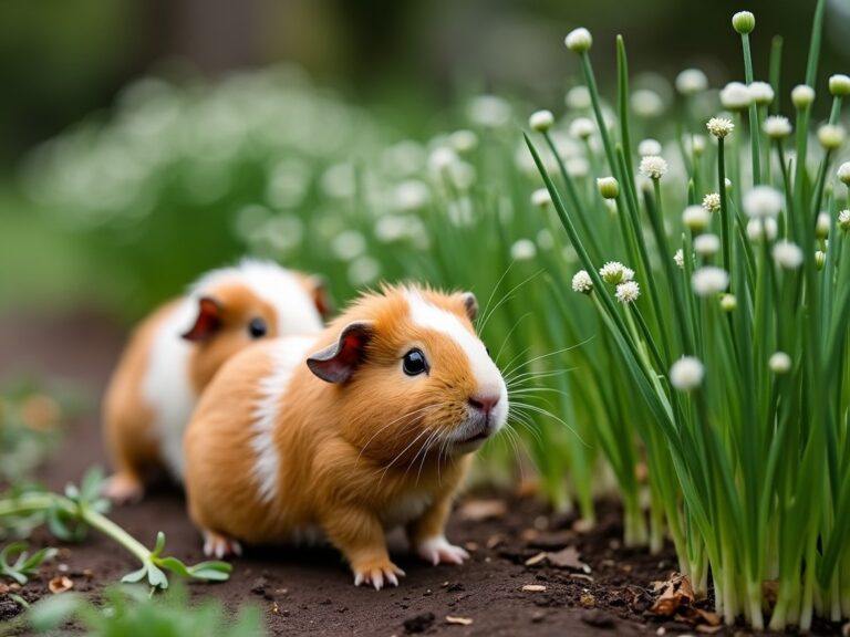 two guinea pigs walking past some fresh chives growing in the garden