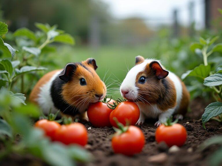 two guinea pigs nibbling on some fresh tomatoes in the garden