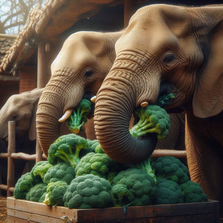 three elephants eating some fresh broccoli florets from their enclosure at a zoo