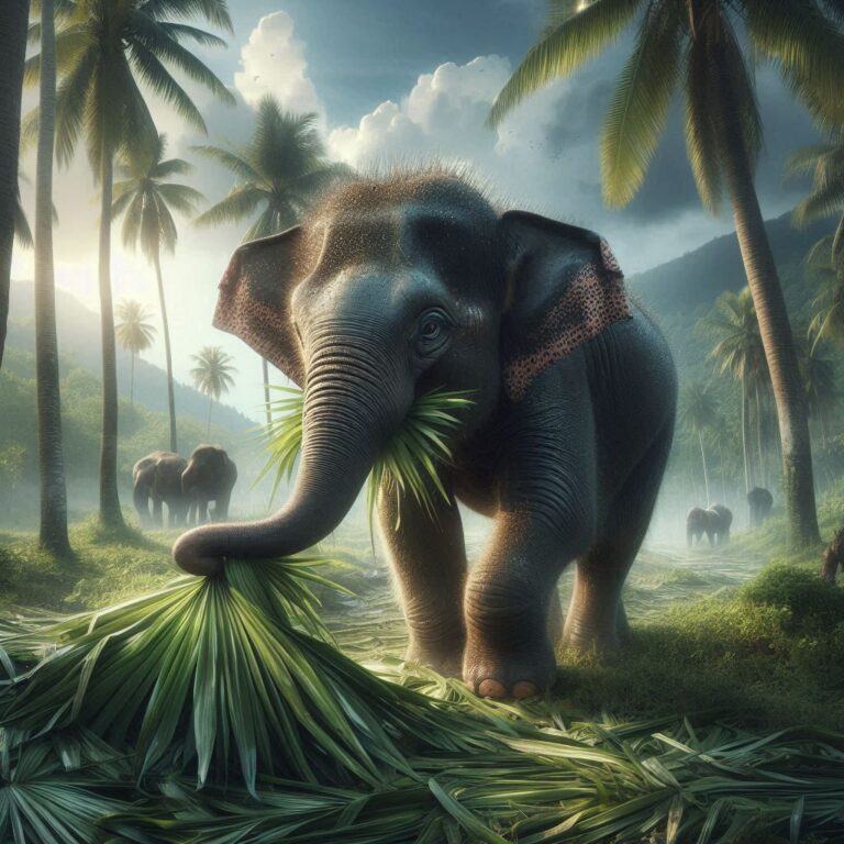 an elephant munching on some fresh palm leaves in the jungle