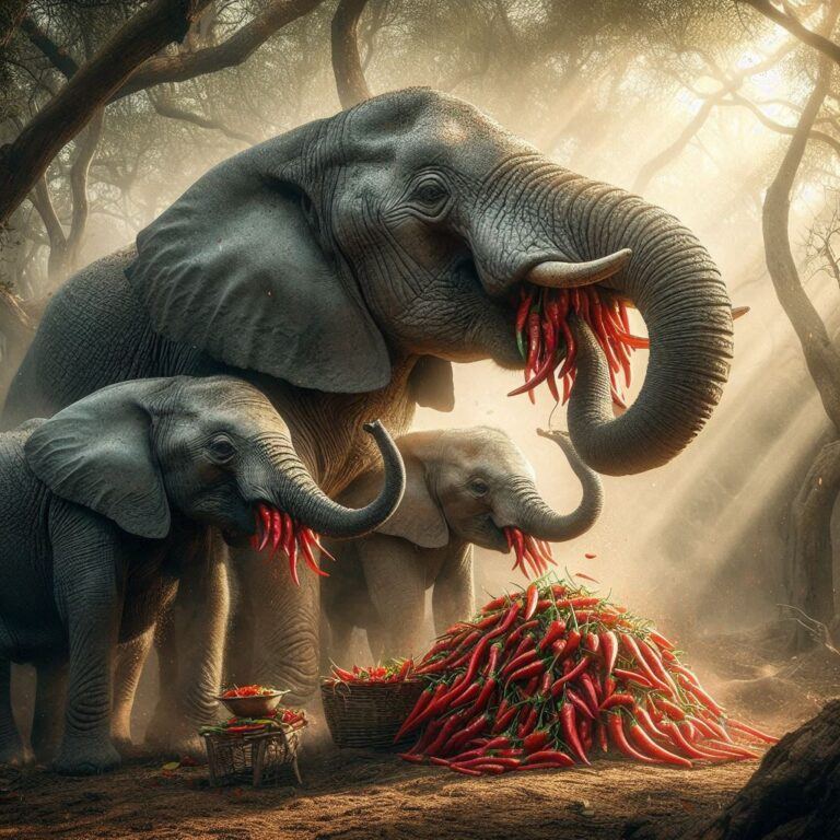 three elephants eating some fresh chili peppers in the jungle