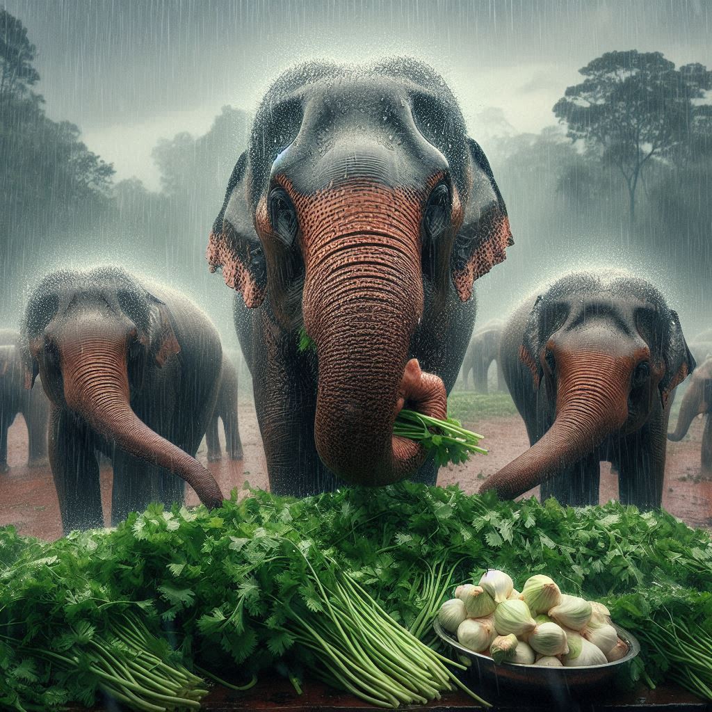 some elephants eating fresh coriander on a rainy day