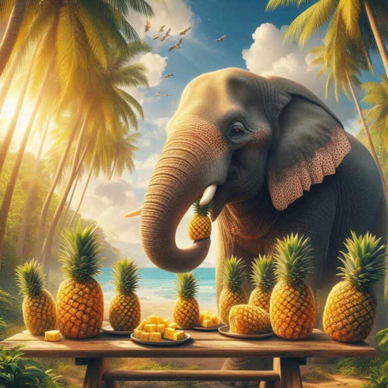 an elephant eating some fresh pineapples in a tropical location