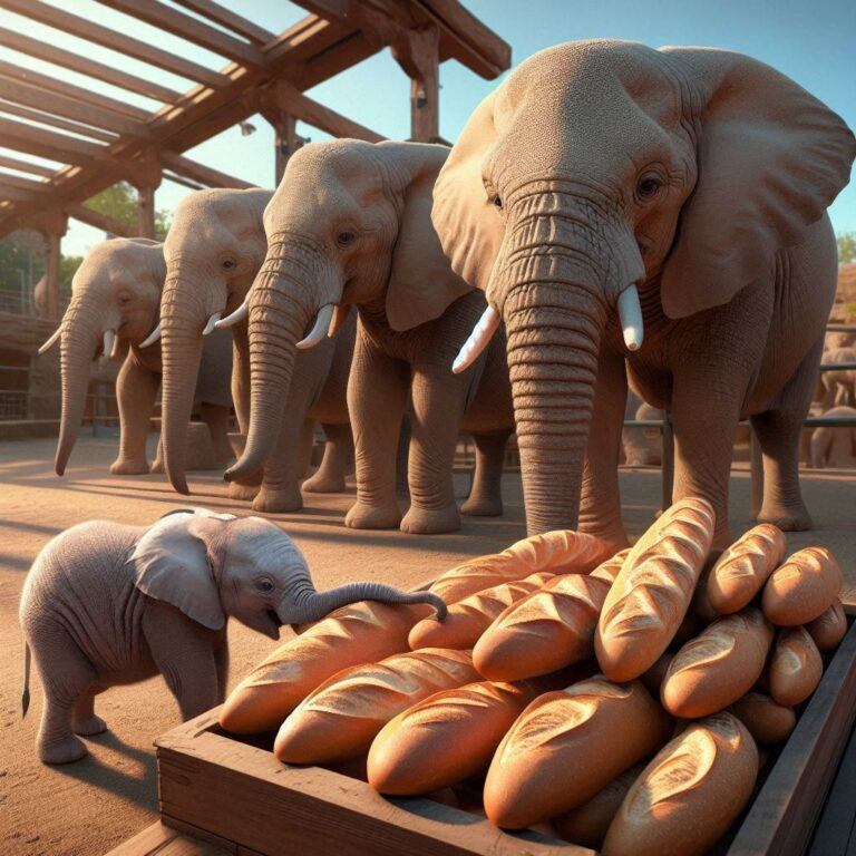 some elephants standing over a box of fresh bread