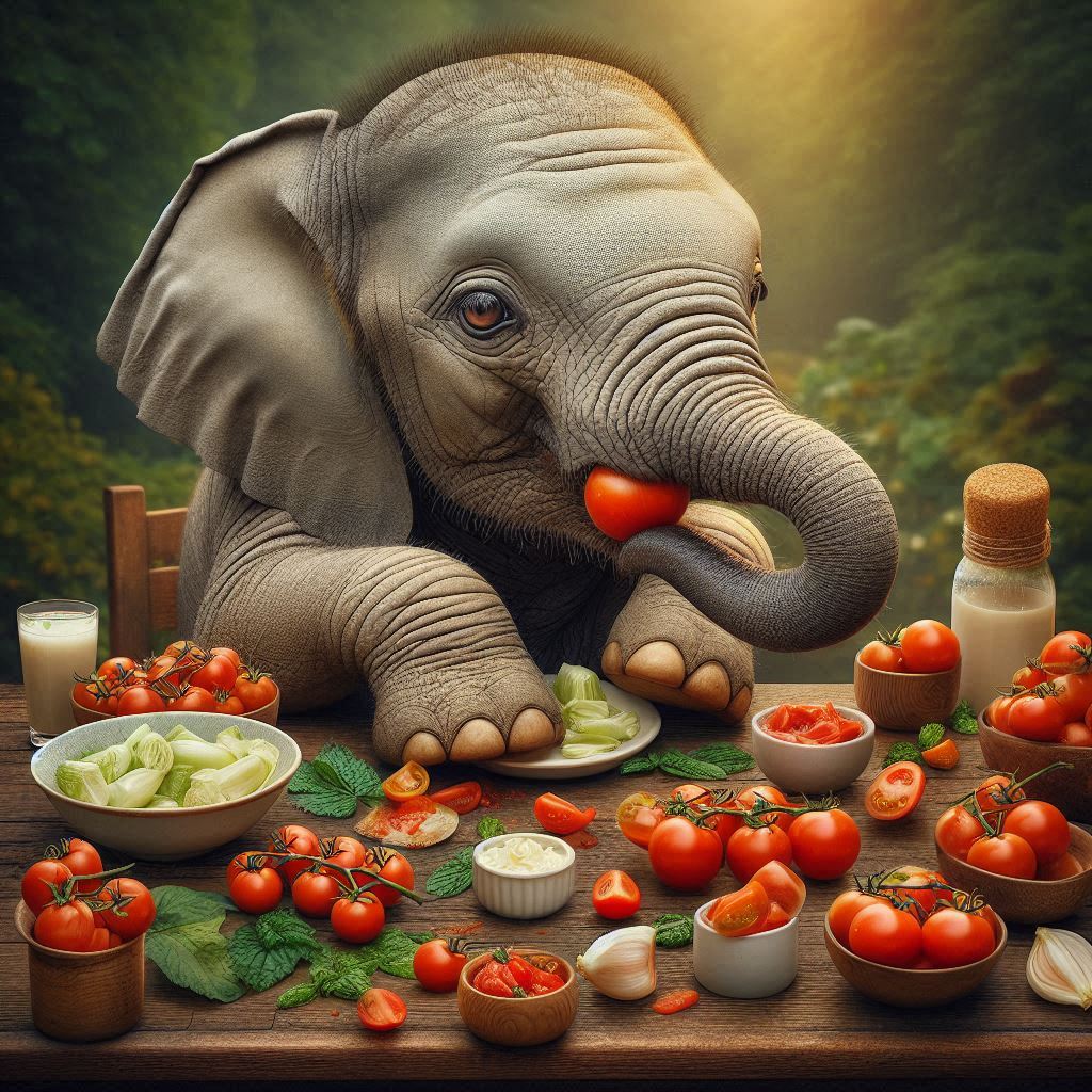 a young elephant eating some fresh tomatoes