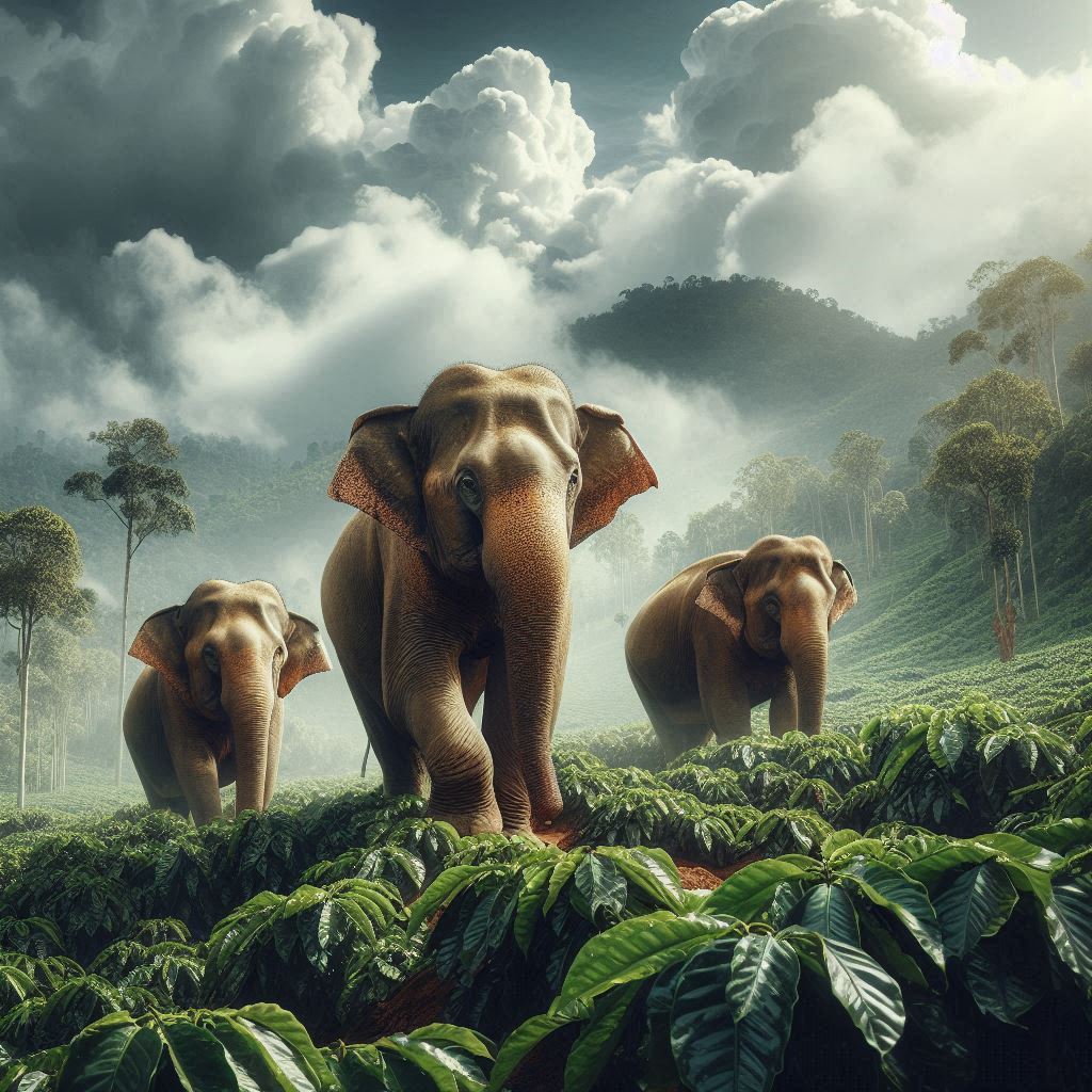 three elephants walking through a fresh coffee plantation