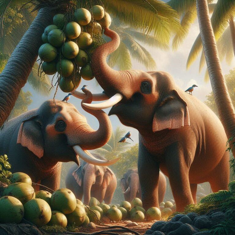 a couple of elephants eating some coconuts from a tree in the wild