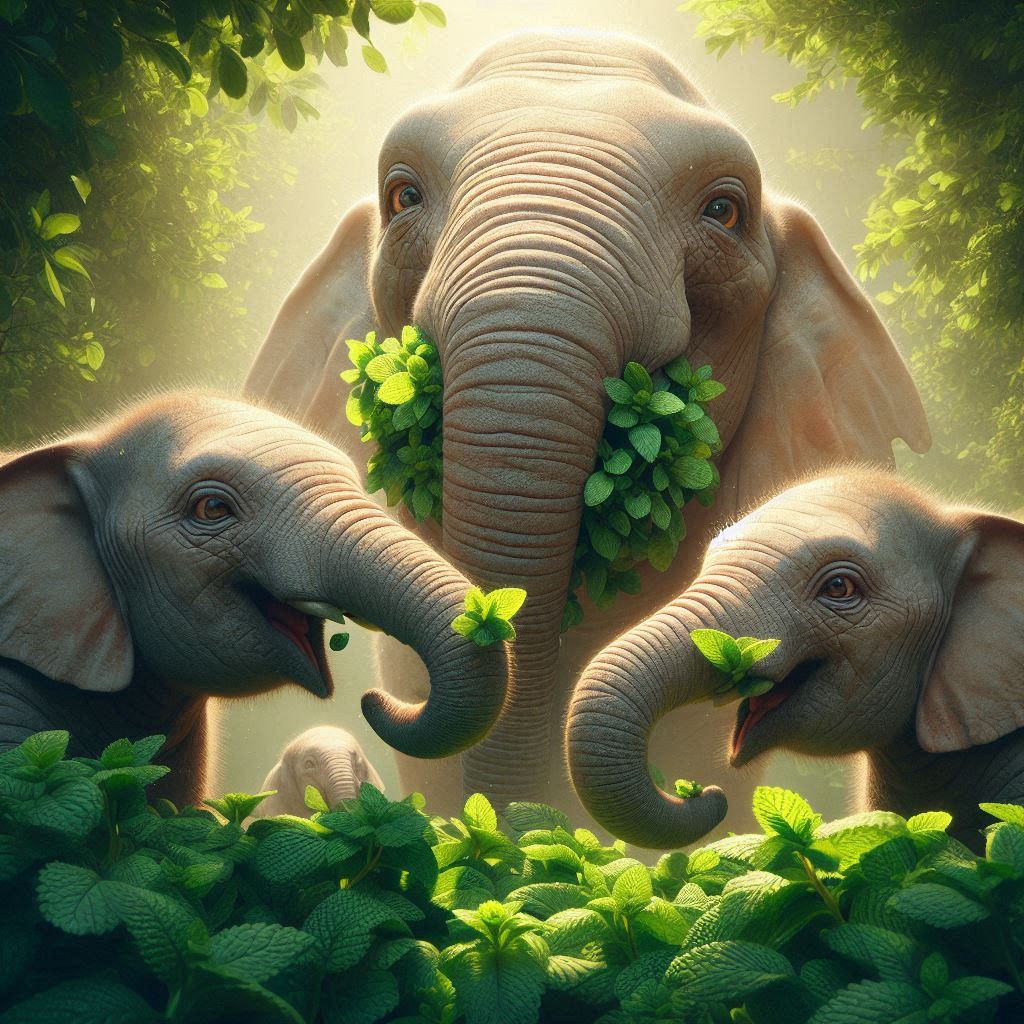 three elephants eating some fresh mint