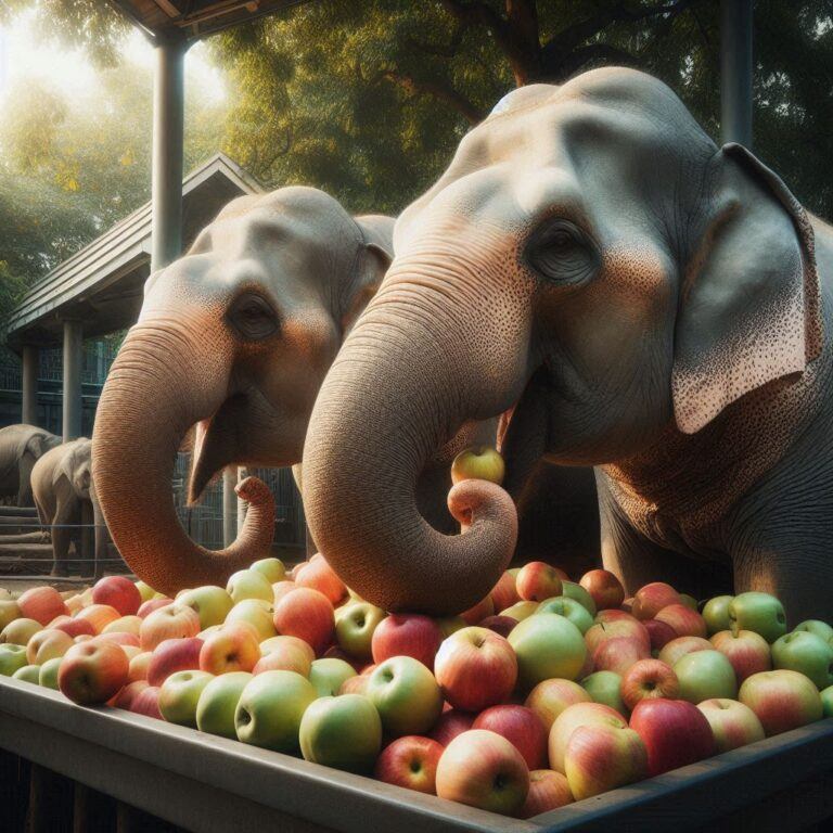 two elephants munching on some fresh cruncy apples