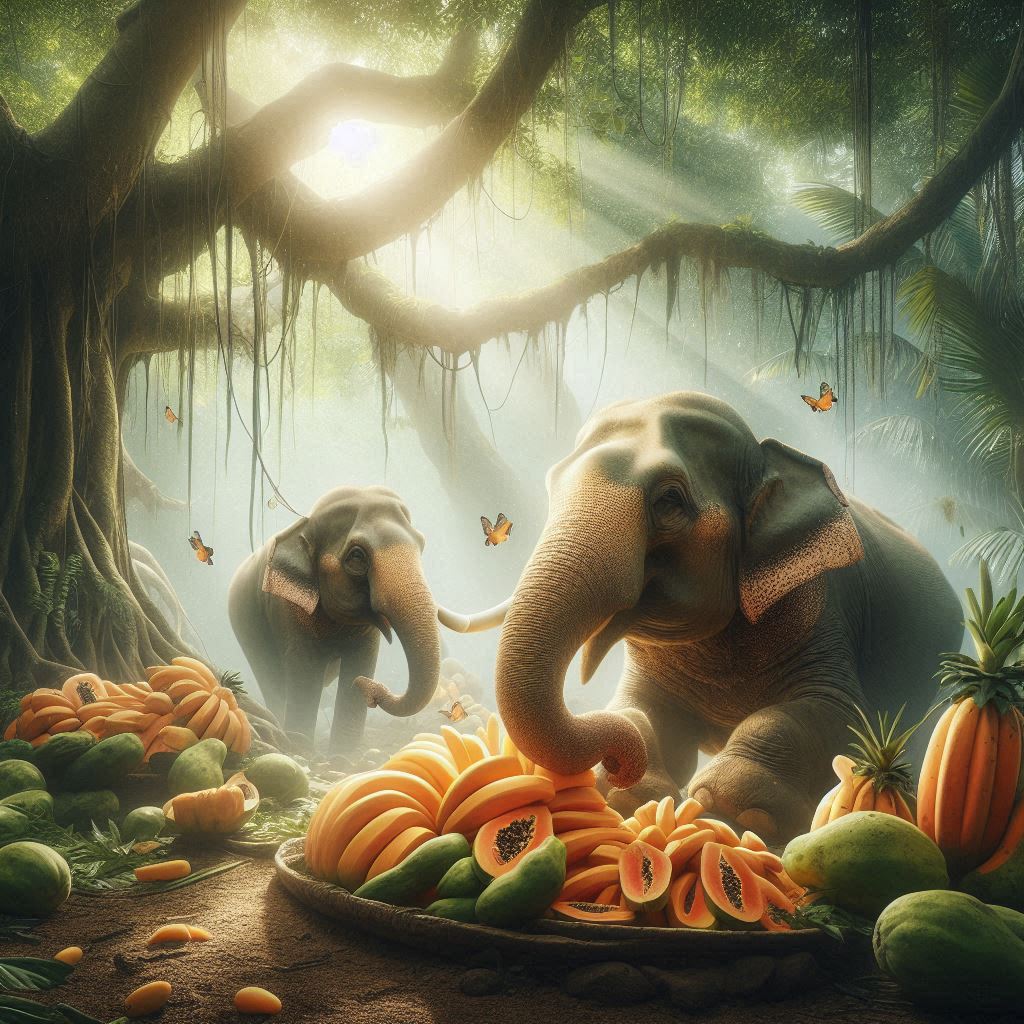 a couple of elephants happily eating some fresh papayas in the forest