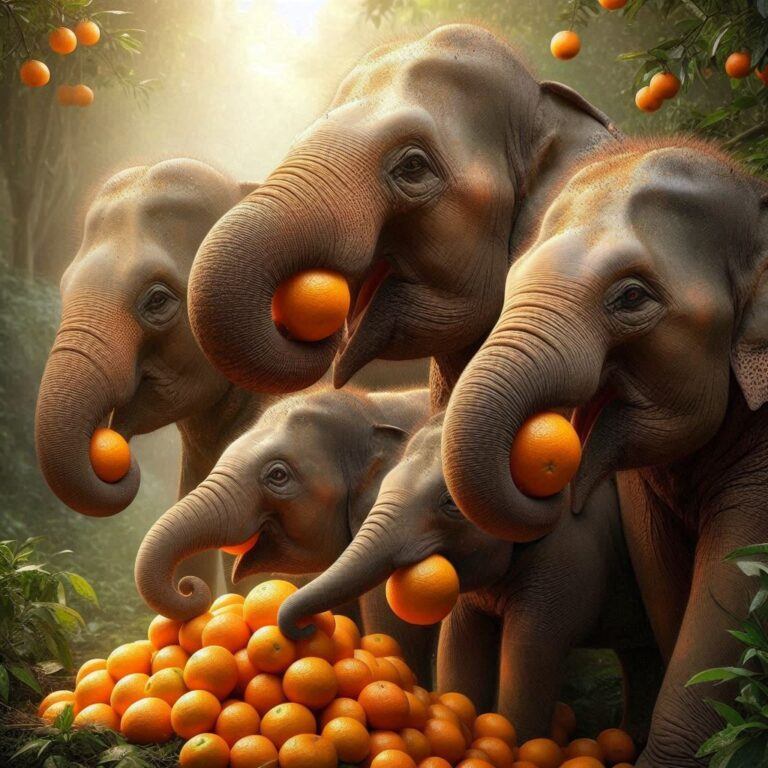 some elephants eating a few fresh oranges in the wild