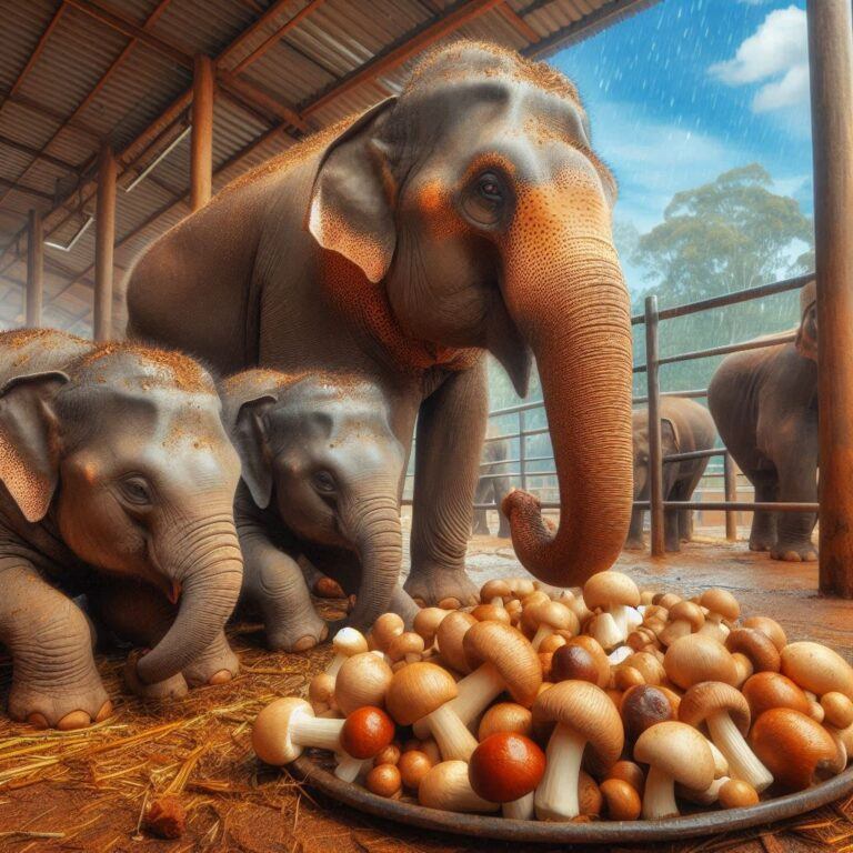 three elephants eating some fresh safe mushrooms in their enclosure at a zoo