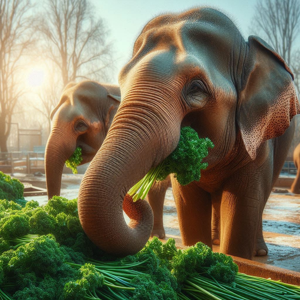 two elephants eating some fresh parsley on a sunny day in winter