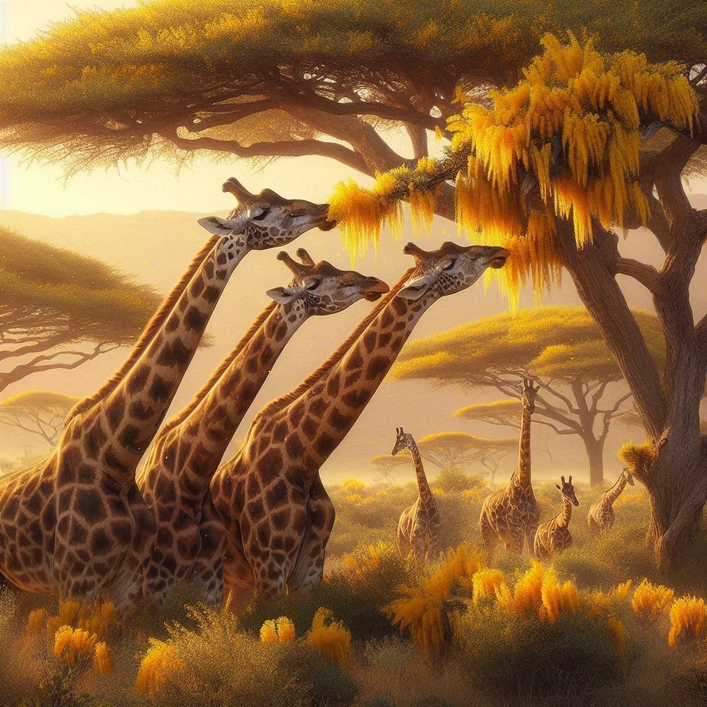 three giraffes munching on some fresh mimosa leaves in the savannah