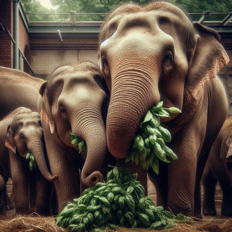 three elephants eating some fresh basil in their enclosure at the animal sanctuary