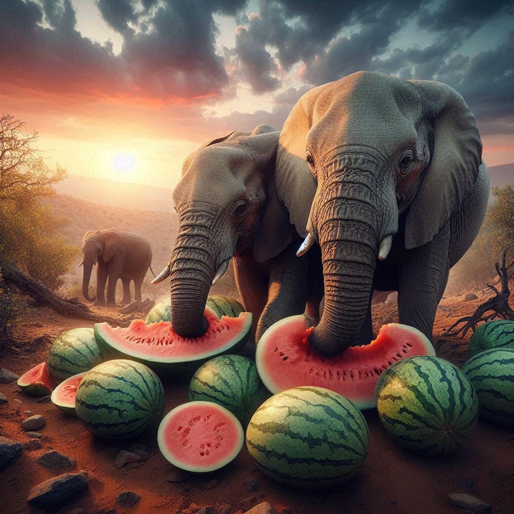 two elephants eating some fresh watermelon outside on a stormy day