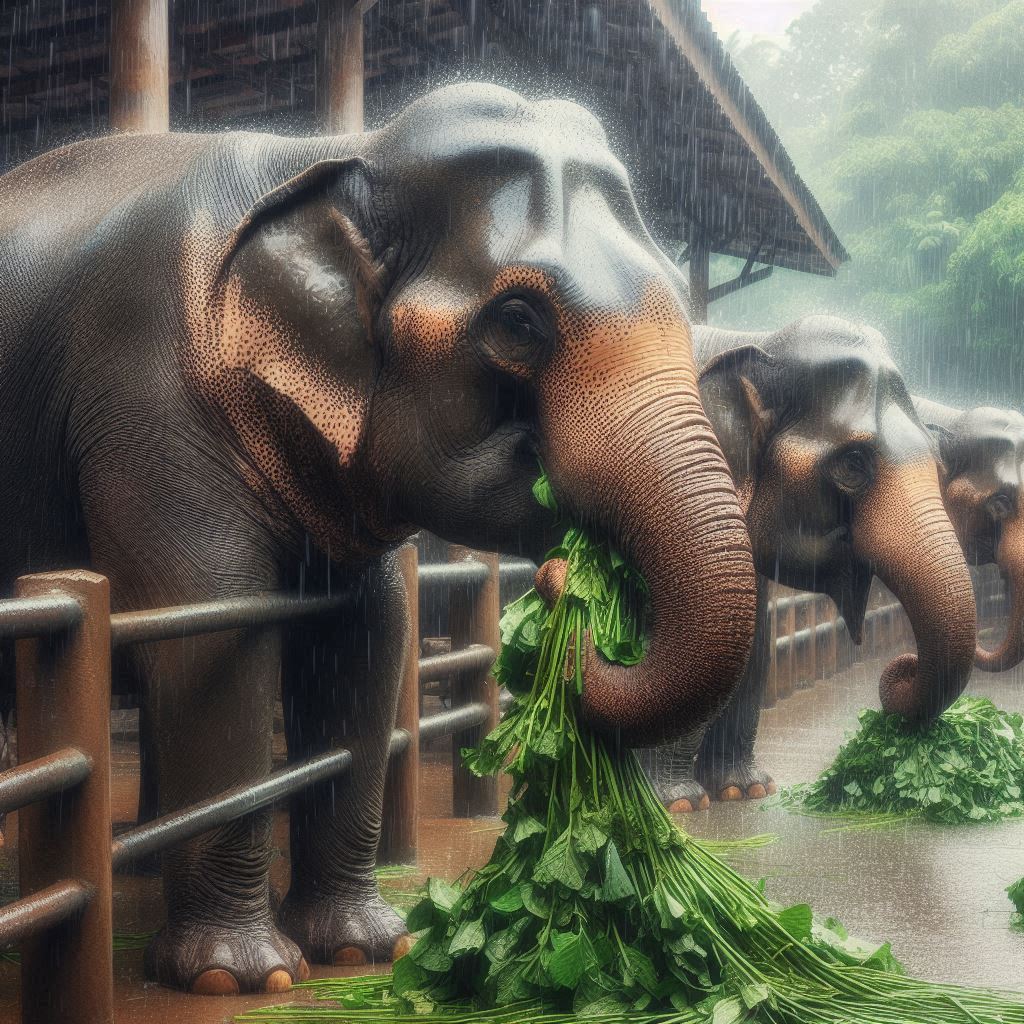 two elephants eating a large quantity of leaves in their enclosure at the zoo