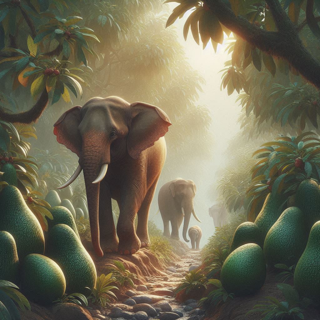 a couple of elephants walking past some avocados growing in the wild