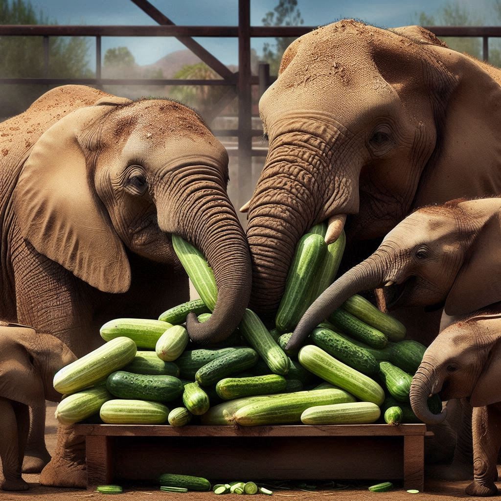 five elephants eating some fresh cucumbers